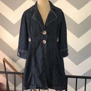 BACCINI denim jean jacket trench dress length with lapel light weight sz L